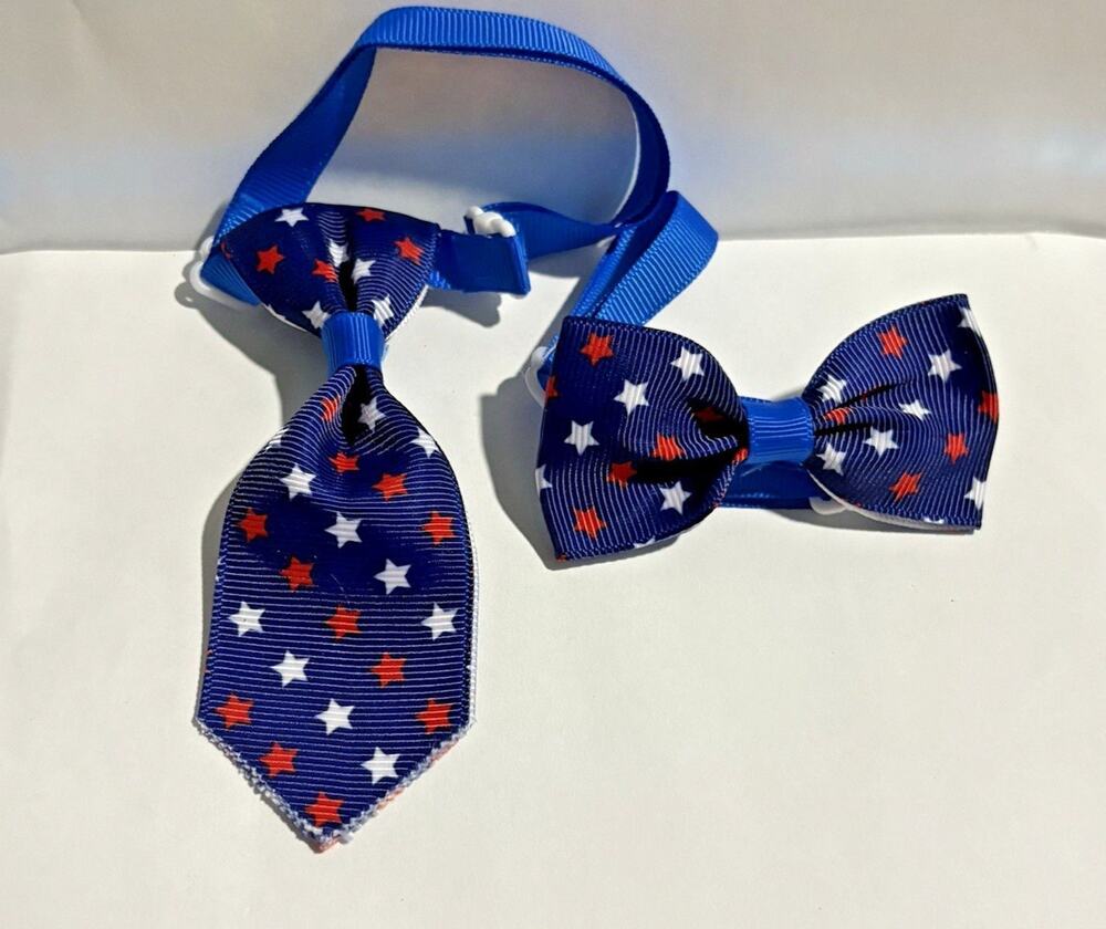 Bow Tie Necktie Set 250th July 4th USA Flag Stars Blue Dog Cat 7"+